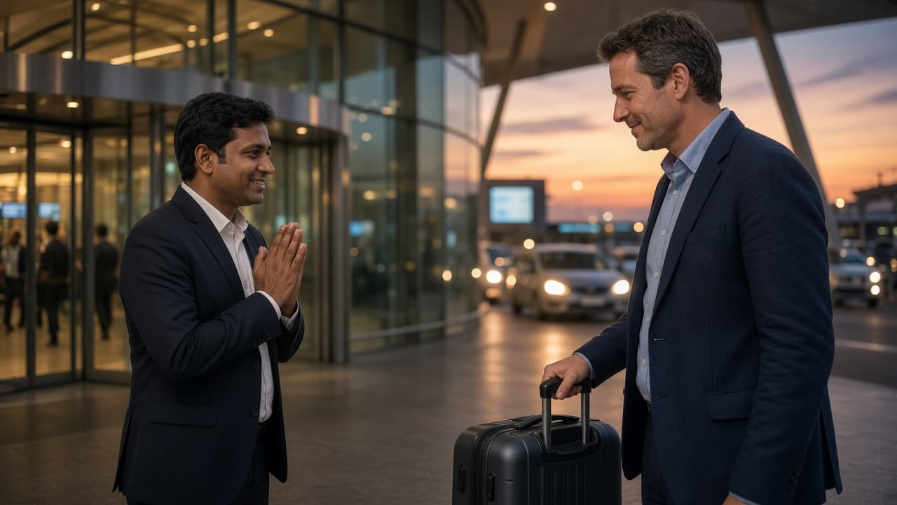 Indian coordinator greeting a European guest with namaste at the airport