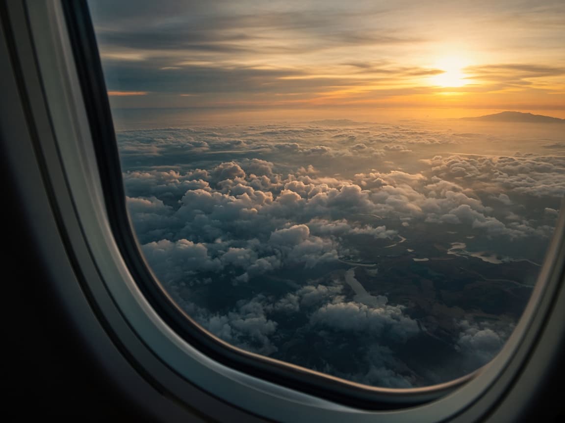 Airplane window view at golden hour on the way to India