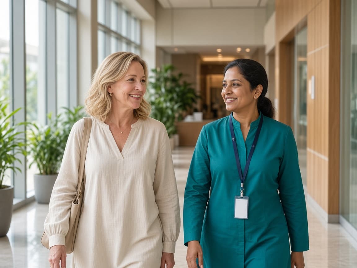 International guest walking with an Indian coordinator through a modern clinic